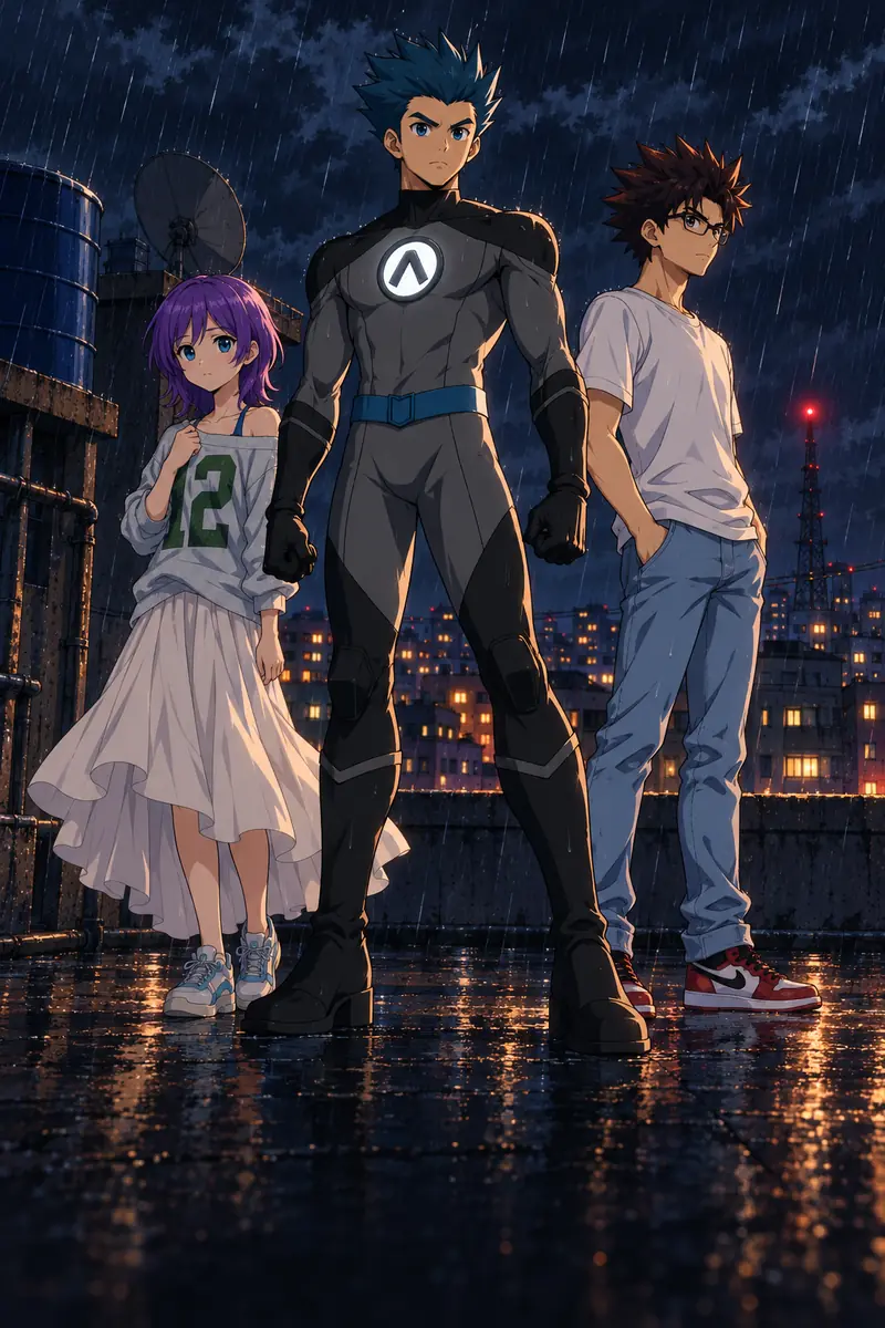 EBA poster: Ken in his Steel suit with Lyra and Smith on a São Paulo rooftop in the rain
